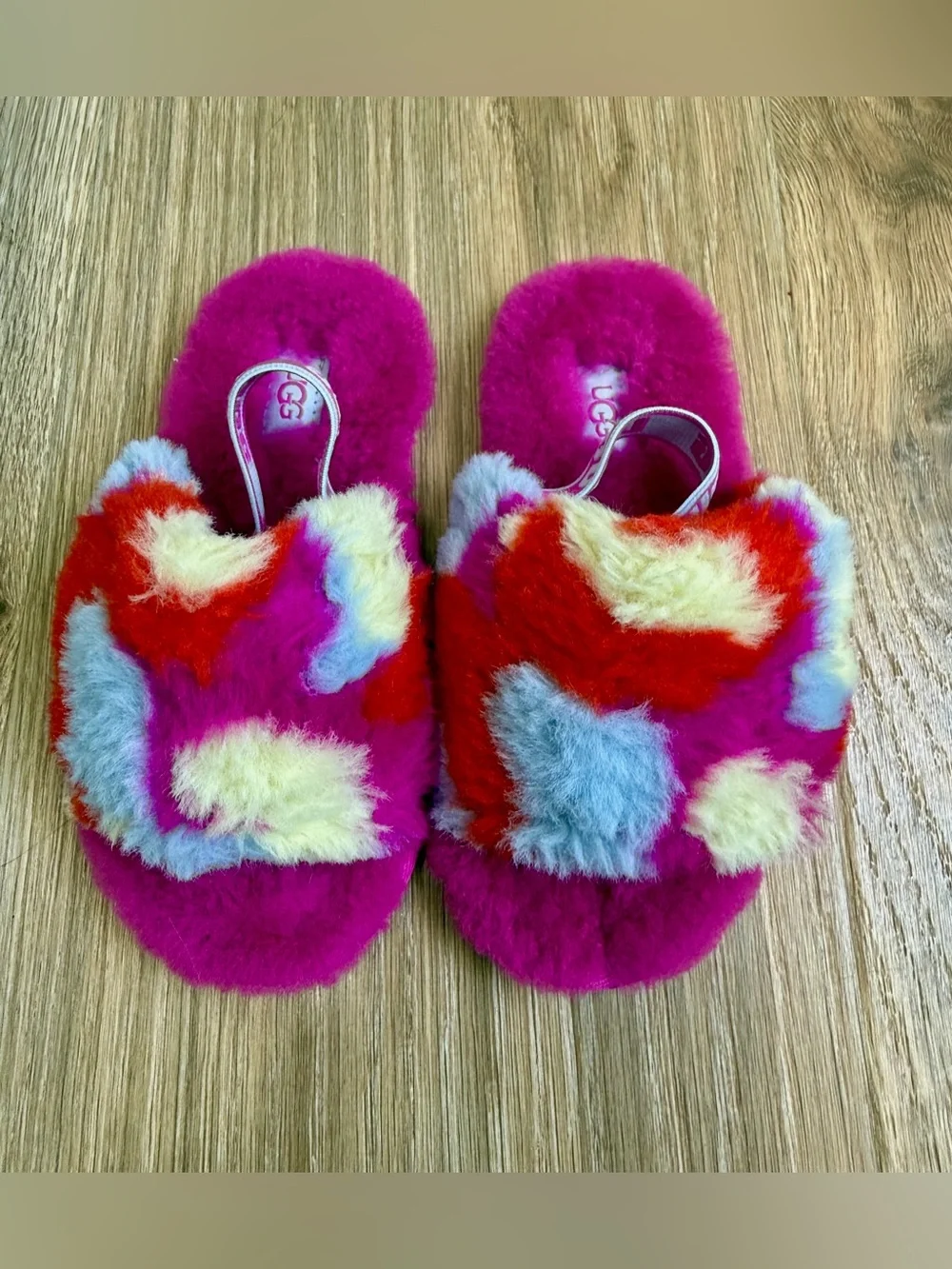 UGG Kids Fluffy Multicolor Slingback Slippers Pink Red Blue Youth Size 11